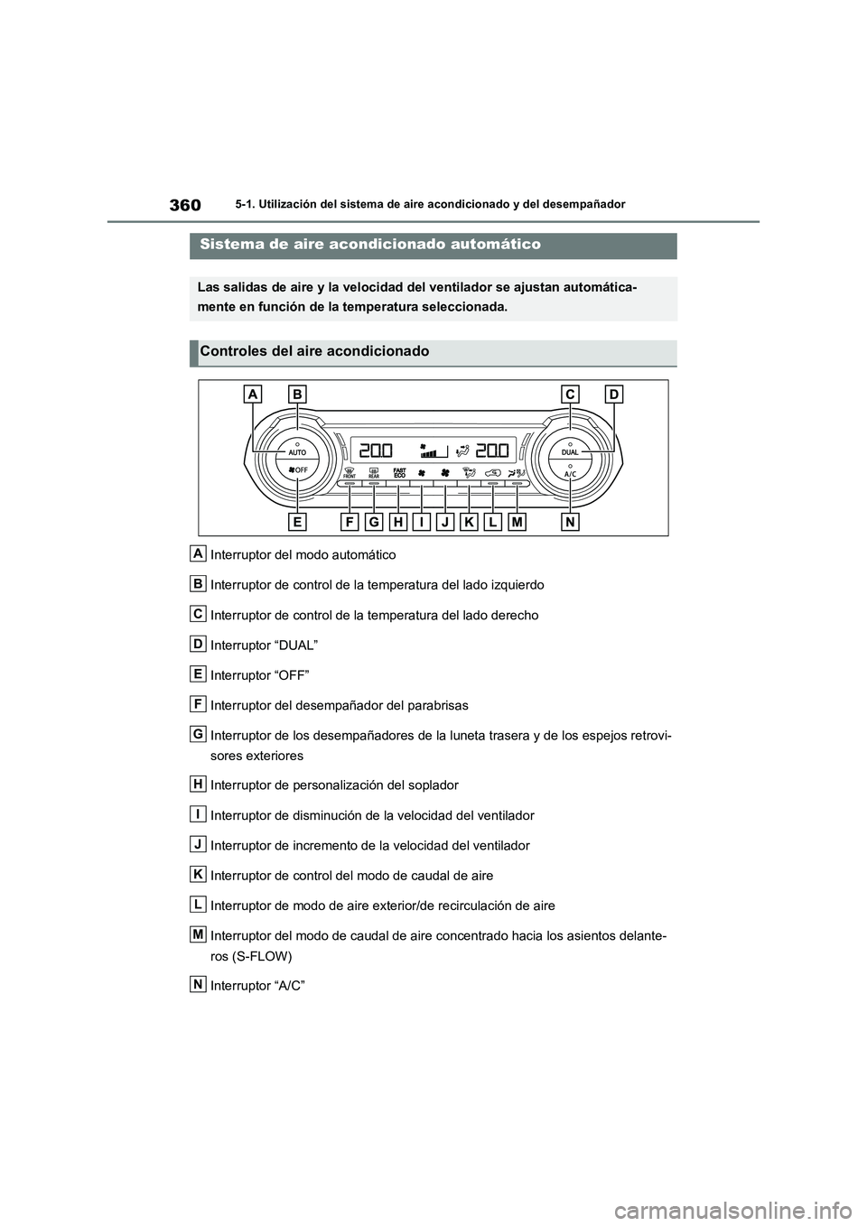 TOYOTA RAV4 2023  Manual del propietario (in Spanish) 3605-1. Utilización del sistema de aire acondicionado y del desempañador
5-1.Utilización del s is tema de  aire a condiciona do y del de sempañ ador
Interruptor del modo automático 
Interruptor d