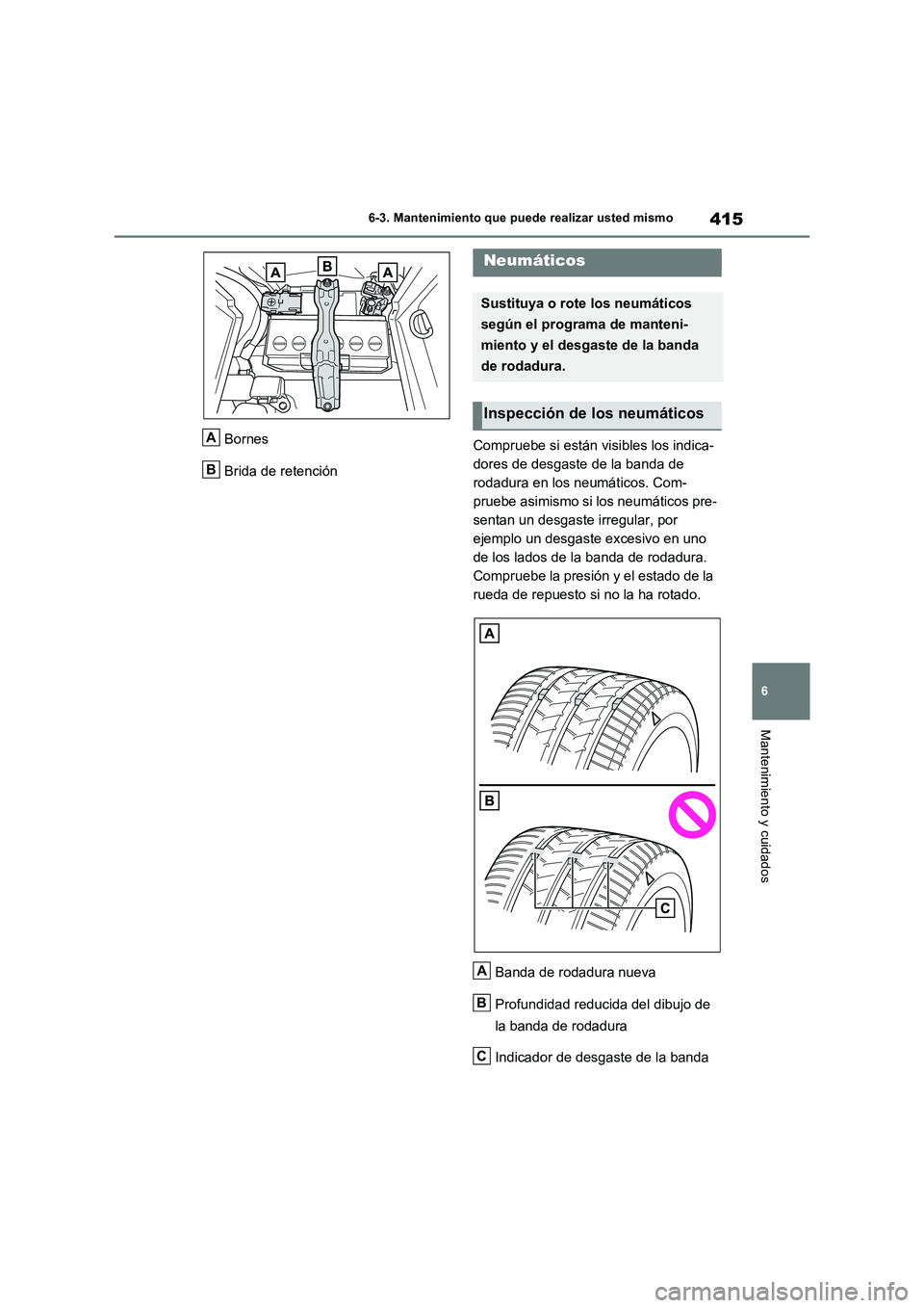 TOYOTA RAV4 2023  Manual del propietario (in Spanish) 415
6 6-3. Mantenimiento que puede realizar usted mismo
Mantenimiento y cuidados
Bornes
Brida de retenciónCompruebe si están visibles los indica-
dores de desgaste de la banda de 
rodadura en los ne