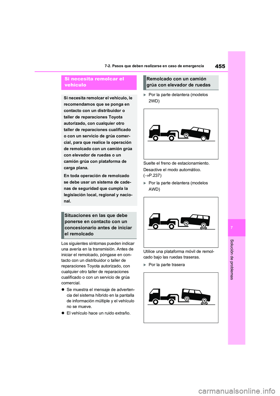 TOYOTA RAV4 2023 Manual del propietario (in Spanish) 455
7
7-2. Pasos que deben realizarse en caso de emergencia
Solución de problemas
7-2.Paso s que debe n realizarse en ca so de emerg encia
Los siguientes síntomas pueden indicar
una avería en la TOYOTA RAV4 2023 Manual del propietario (in Spanish) 455
7
7-2. Pasos que deben realizarse en caso de emergencia
Solución de problemas
7-2.Paso s que debe n realizarse en ca so de emerg encia
Los siguientes síntomas pueden indicar
una avería en la