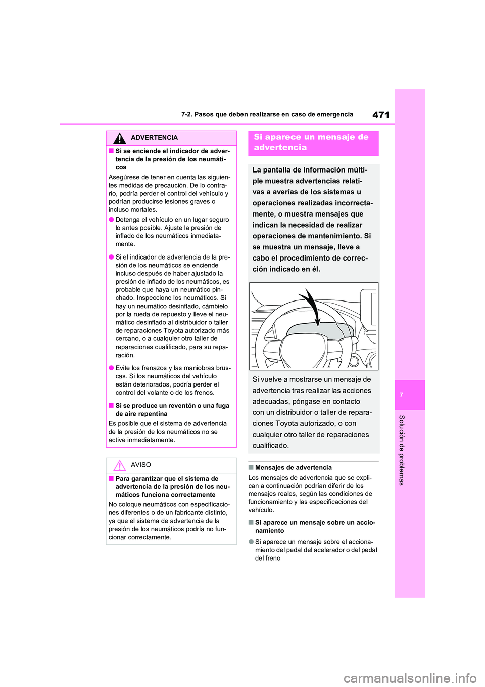 TOYOTA RAV4 2023 Manual del propietario (in Spanish) 471
7
7-2. Pasos que deben realizarse en caso de emergencia
Solución de problemas
■Mensajes de advertencia
Los mensajes de advertencia que se expli-
can a continuación podrían diferir de los TOYOTA RAV4 2023 Manual del propietario (in Spanish) 471
7
7-2. Pasos que deben realizarse en caso de emergencia
Solución de problemas
■Mensajes de advertencia
Los mensajes de advertencia que se expli-
can a continuación podrían diferir de los
