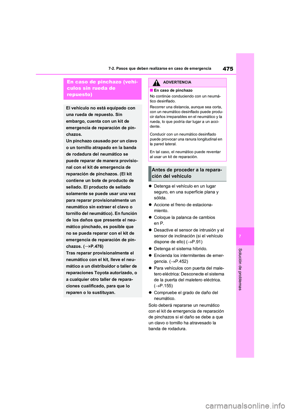 TOYOTA RAV4 2023 Manual del propietario (in Spanish) 475
7
7-2. Pasos que deben realizarse en caso de emergencia
Solución de problemas
Detenga el vehículo en un lugar
seguro, en una superficie plana y
sólida.
Accione el freno de estacion TOYOTA RAV4 2023 Manual del propietario (in Spanish) 475
7
7-2. Pasos que deben realizarse en caso de emergencia
Solución de problemas
Detenga el vehículo en un lugar
seguro, en una superficie plana y
sólida.
Accione el freno de estacion