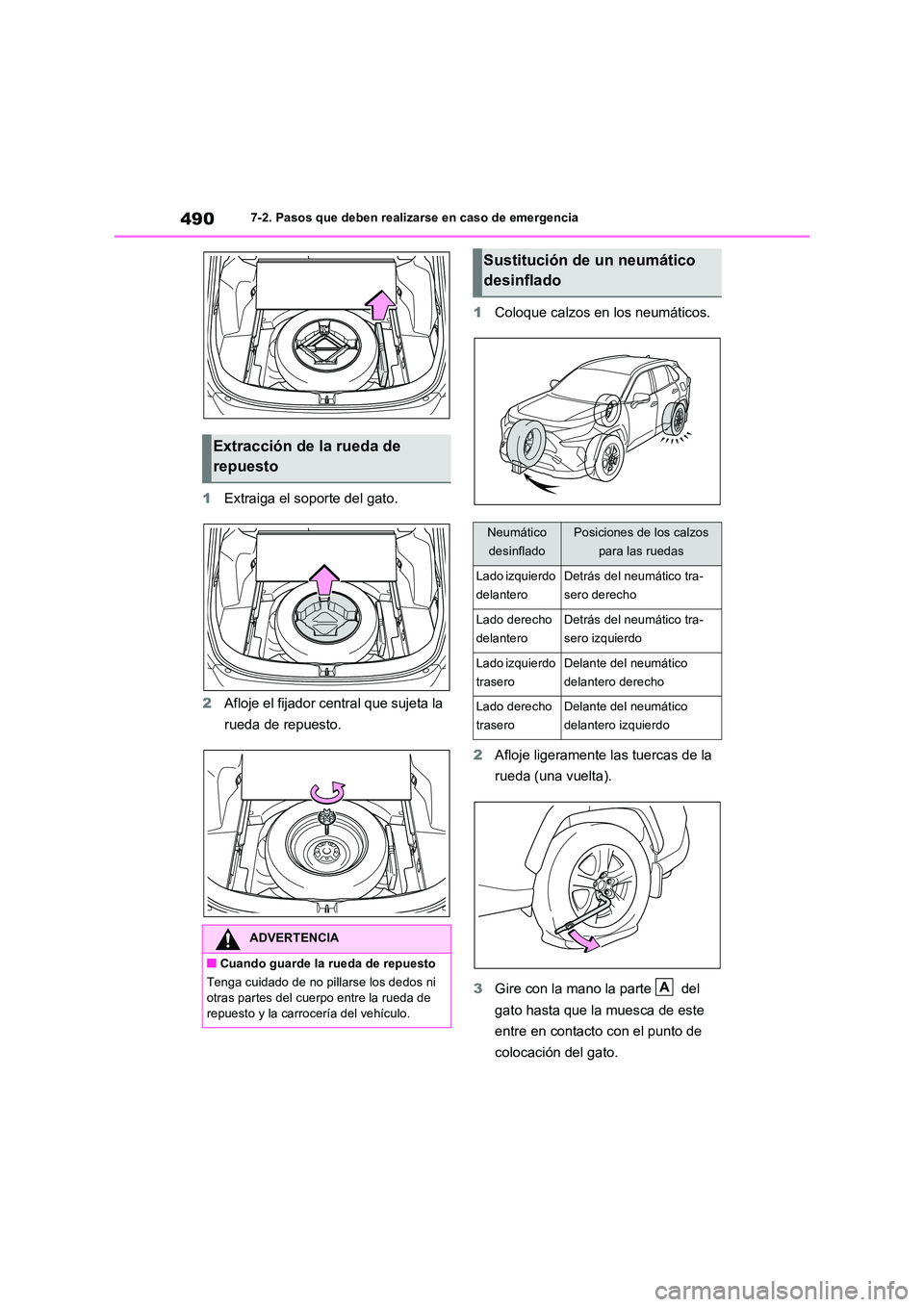 TOYOTA RAV4 2023 Manual del propietario (in Spanish) 4907-2. Pasos que deben realizarse en caso de emergencia
1Extraiga el soporte del gato.
2 Afloje el fijador central que sujeta la
rueda de repuesto.
1 Coloque calzos en los neumáticos.
2 Afloje TOYOTA RAV4 2023 Manual del propietario (in Spanish) 4907-2. Pasos que deben realizarse en caso de emergencia
1Extraiga el soporte del gato.
2 Afloje el fijador central que sujeta la
rueda de repuesto.
1 Coloque calzos en los neumáticos.
2 Afloje