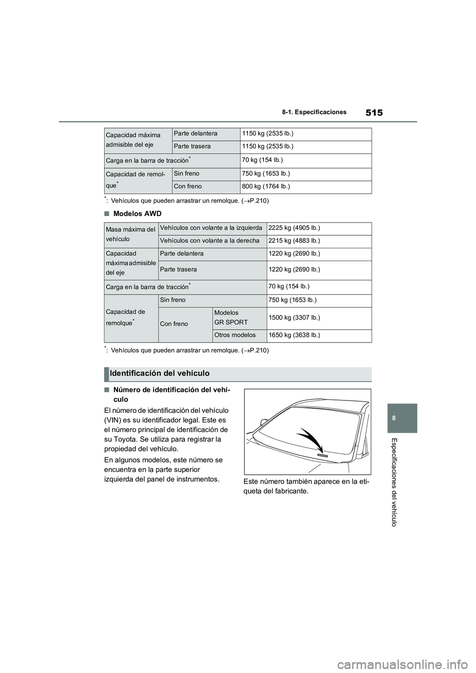 TOYOTA RAV4 2023  Manual del propietario (in Spanish) 515
8 8-1. Especificaciones
Especificaciones del vehículo
*: Vehículos que pueden arrastrar un remolque. (P.210)
■Modelos AWD
*: Vehículos que pueden arrastrar un remolque. (P.210)
■Núme