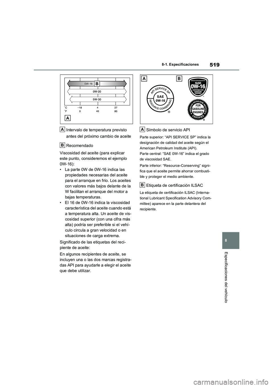 TOYOTA RAV4 2023  Manual del propietario (in Spanish) 519
8 8-1. Especificaciones
Especificaciones del vehículo
Intervalo de temperatura previsto 
antes del próximo cambio de aceite
Recomendado
Viscosidad del aceite (para explicar 
este punto, consider