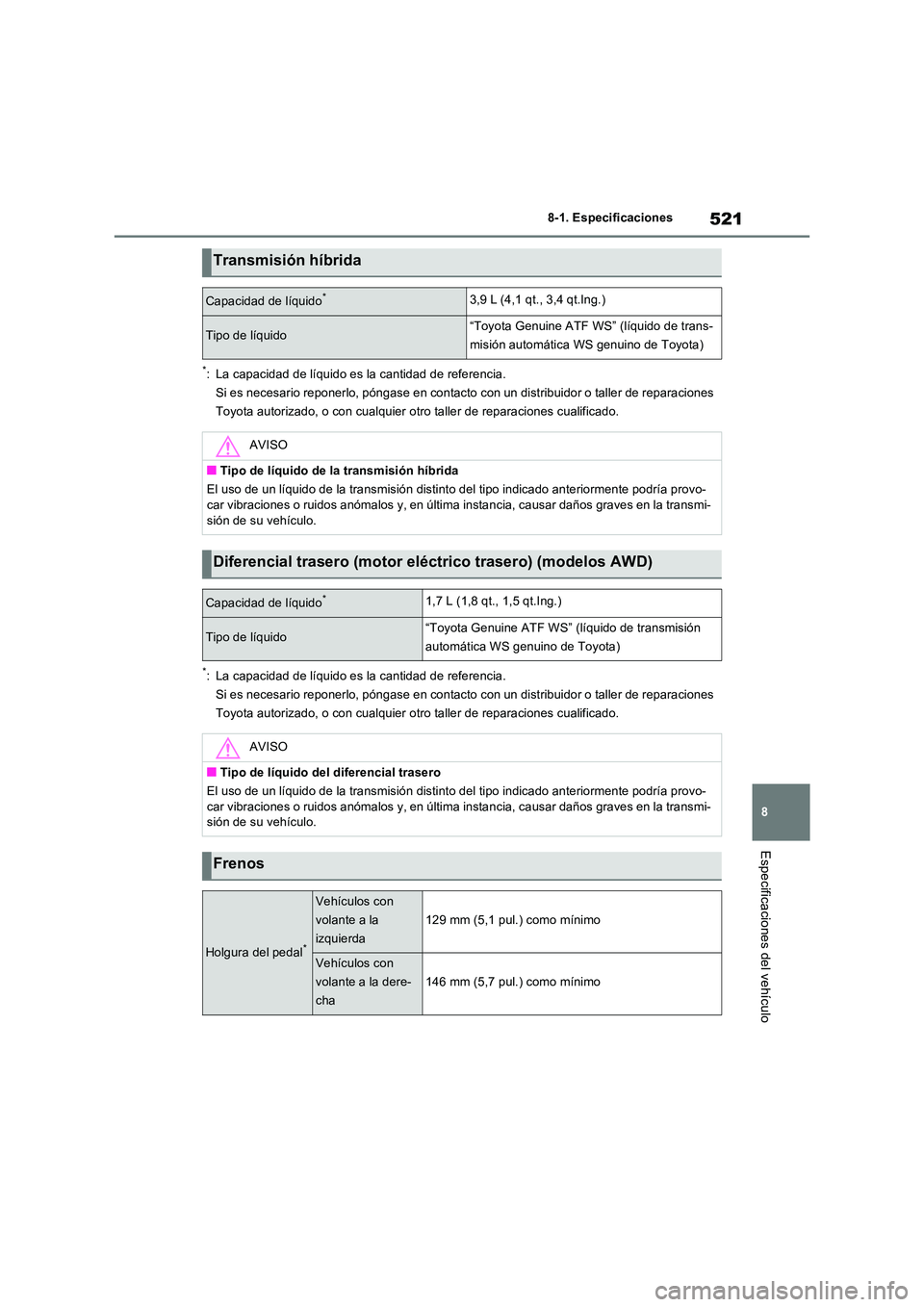 TOYOTA RAV4 2023 Manual del propietario (in Spanish) 521
8
8-1. Especificaciones
Especificaciones del vehículo
*: La capacidad de líquido es la cantidad de referencia.
Si es necesario reponerlo, póngase en contacto con un distribuidor o taller de TOYOTA RAV4 2023 Manual del propietario (in Spanish) 521
8
8-1. Especificaciones
Especificaciones del vehículo
*: La capacidad de líquido es la cantidad de referencia.
Si es necesario reponerlo, póngase en contacto con un distribuidor o taller de