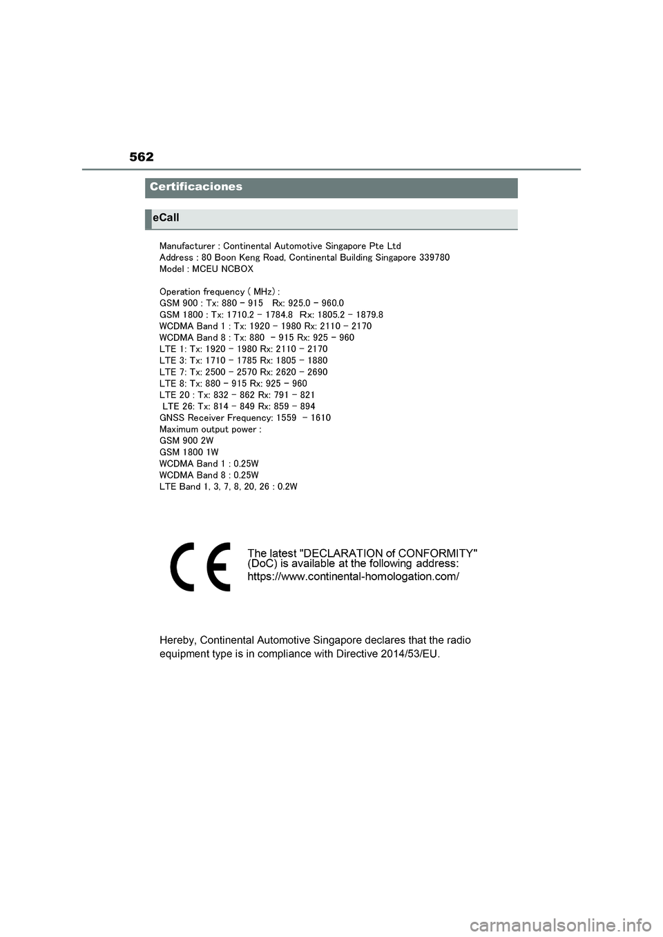 TOYOTA RAV4 2023 Manual del propietario (in Spanish) 562
Certificaciones
eCall TOYOTA RAV4 2023 Manual del propietario (in Spanish) 562
Certificaciones
eCall
