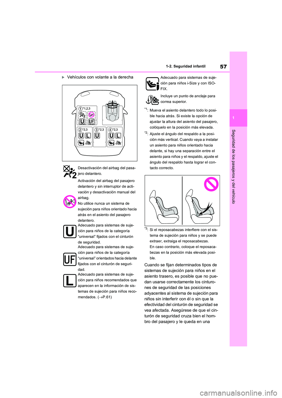 TOYOTA RAV4 2023  Manual del propietario (in Spanish) 57
1 
1-2. Seguridad infantil
Seguridad de los pasajeros y del vehículo
Vehículos con volante a la derecha
*1: Mueva el asiento delantero todo lo posi- 
ble hacia atrás. Si existe la opción de 
