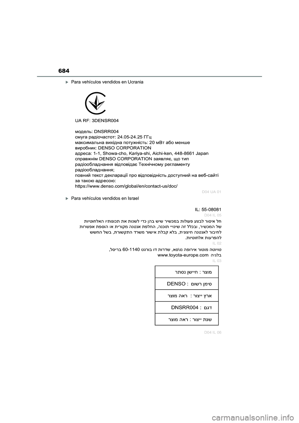 TOYOTA RAV4 2023 Manual del propietario (in Spanish) 684
Para vehículos vendidos en Ucrania
Para vehículos vendidos en Israel TOYOTA RAV4 2023 Manual del propietario (in Spanish) 684
Para vehículos vendidos en Ucrania
Para vehículos vendidos en Israel