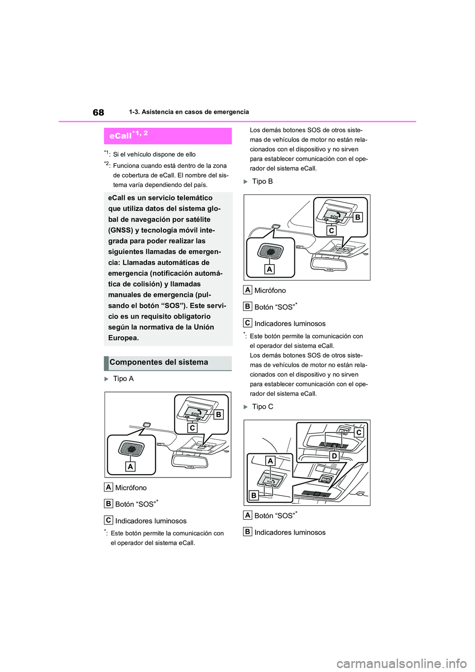 TOYOTA RAV4 2023 Manual del propietario (in Spanish) 681-3. Asistencia en casos de emergencia
1-3.Asistencia en cas os de emergencia
*1: Si el vehículo dispone de ello
*2: Funciona cuando está dentro de la zona
de cobertura de eCall. El nombre del s TOYOTA RAV4 2023 Manual del propietario (in Spanish) 681-3. Asistencia en casos de emergencia
1-3.Asistencia en cas os de emergencia
*1: Si el vehículo dispone de ello
*2: Funciona cuando está dentro de la zona
de cobertura de eCall. El nombre del s