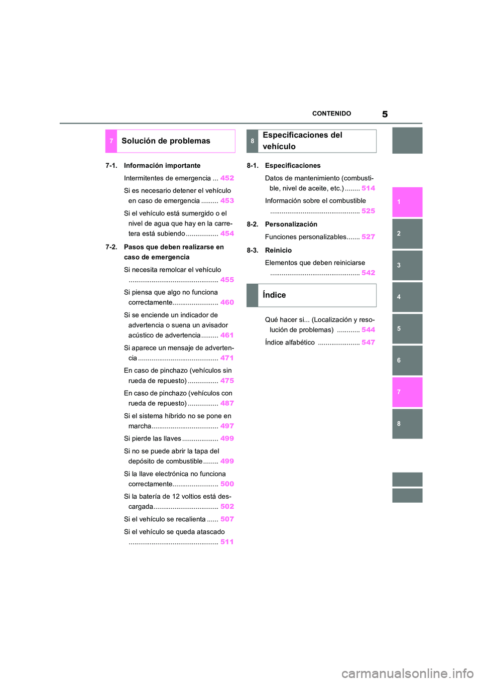 TOYOTA RAV4 2023  Manual del propietario (in Spanish) 5CONTENIDO
1 
6 
5
4
3
2
8
7
7-1. Información importante 
Intermitentes de emergencia ... 452 
Si es necesario detener el vehículo  
en caso de emergencia ......... 453 
Si el vehículo está sumerg