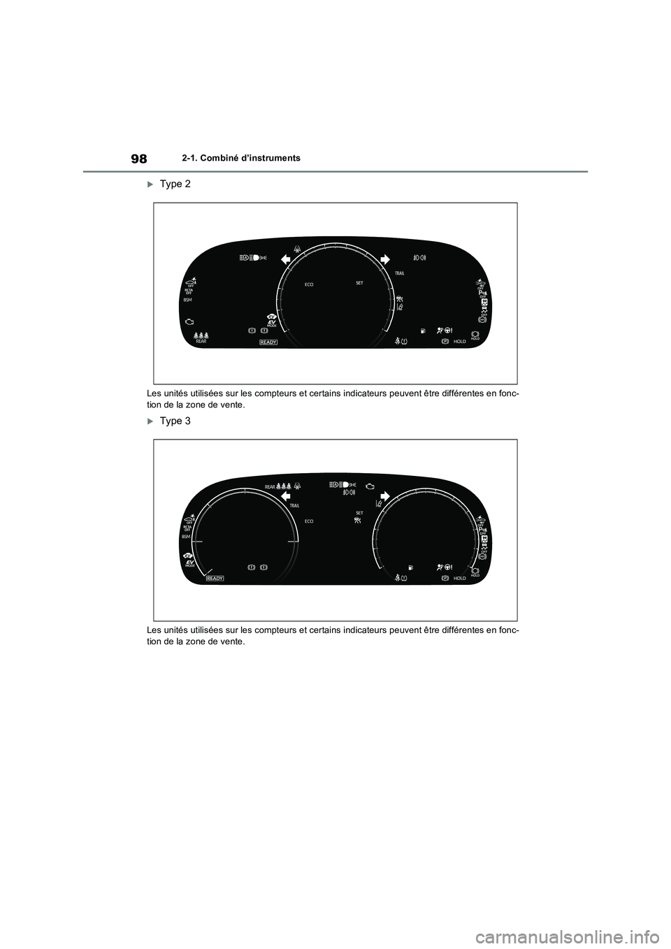 TOYOTA RAV4 2023  Manuel du propriétaire (in French) 982-1. Combiné d’instruments
Type 2
Les unités utilisées sur les compteurs et certains indicateurs peuvent être différentes en fonc-
tion de la zone de vente.
Type 3
Les unités utilisée