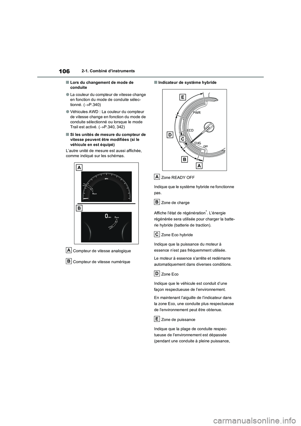 TOYOTA RAV4 2023  Manuel du propriétaire (in French) 1062-1. Combiné d’instruments
■Lors du changement de mode de 
conduite
●La couleur du compteur de vitesse change 
en fonction du mode de conduite sélec-
tionné. (P.340)
●Véhicules AWD :
