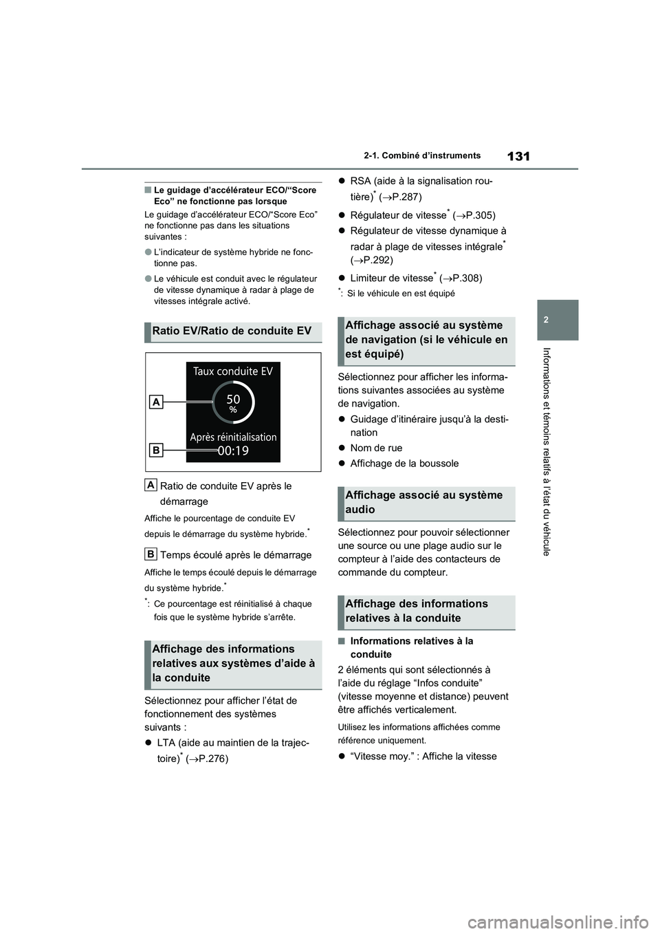 TOYOTA RAV4 2023 Manuel du propriétaire (in French) 131
2
2-1. Combiné d’instruments
Informations et témoins relatifs à l’état du véhicule
■Le guidage d’accélérateur ECO/“Score Eco” ne fonctionne pas lorsque
Le guidage d’accél TOYOTA RAV4 2023 Manuel du propriétaire (in French) 131
2
2-1. Combiné d’instruments
Informations et témoins relatifs à l’état du véhicule
■Le guidage d’accélérateur ECO/“Score Eco” ne fonctionne pas lorsque
Le guidage d’accél
