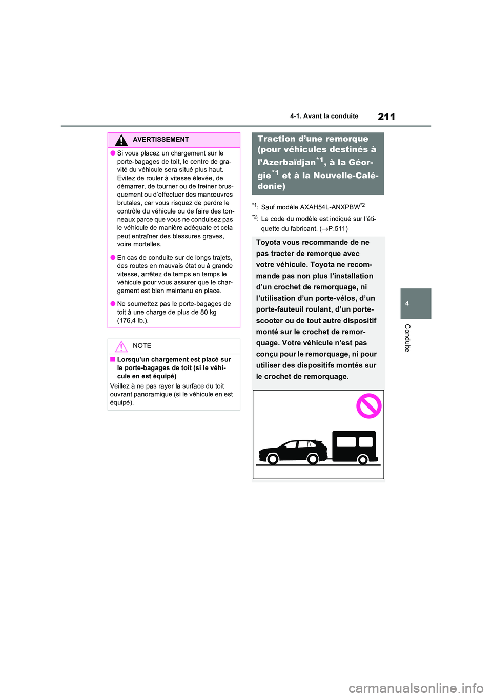 TOYOTA RAV4 2023 Manuel du propriétaire (in French) 211
4
4-1. Avant la conduite
Conduite
*1: Sauf modèle AXAH54L-ANXPBW*2
*2: Le code du modèle est indiqué sur l’éti-
quette du fabricant. ( P.511)
AVERTISSEMENT
●Si vous placez un chargem TOYOTA RAV4 2023 Manuel du propriétaire (in French) 211
4
4-1. Avant la conduite
Conduite
*1: Sauf modèle AXAH54L-ANXPBW*2
*2: Le code du modèle est indiqué sur l’éti-
quette du fabricant. ( P.511)
AVERTISSEMENT
●Si vous placez un chargem