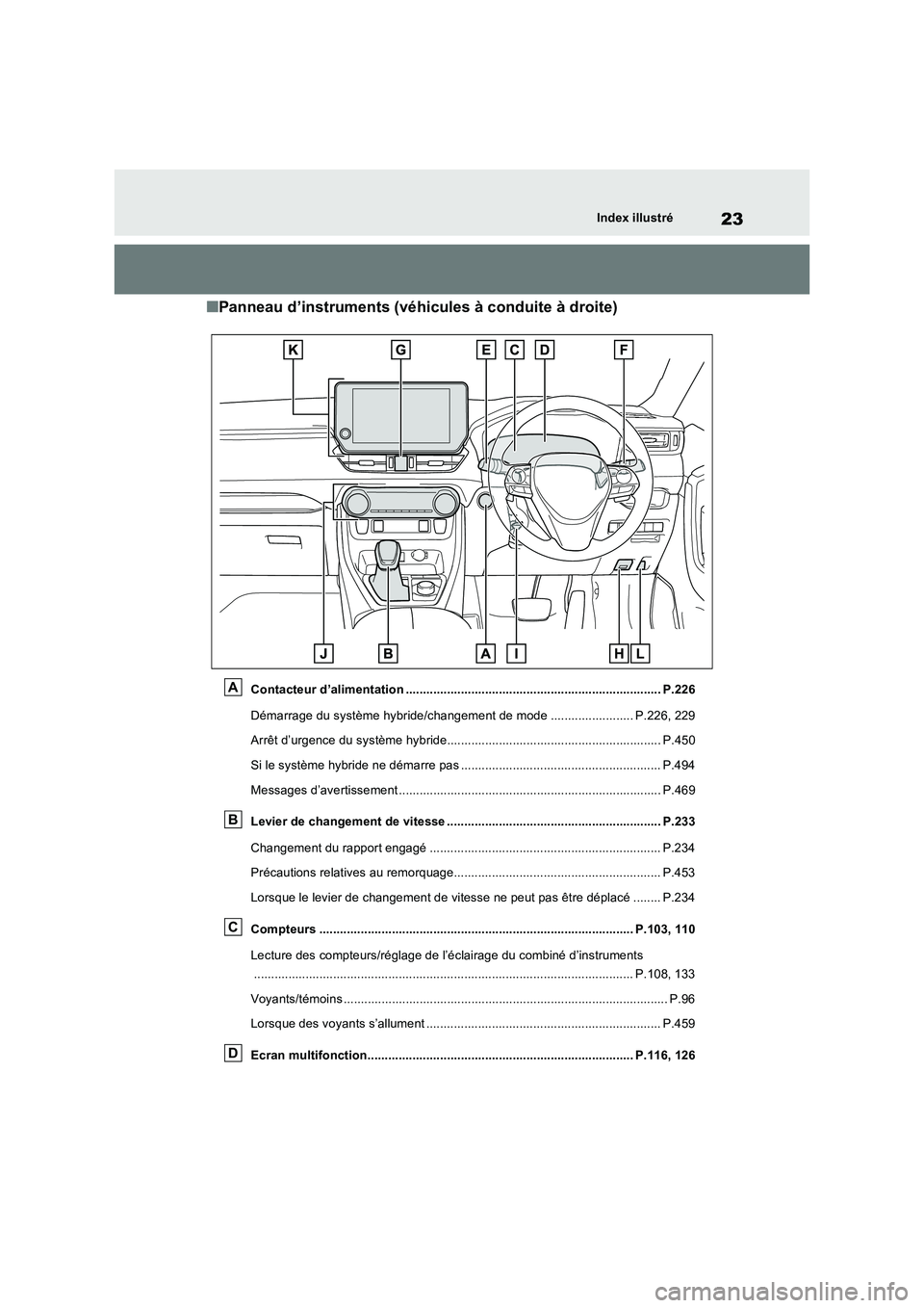 TOYOTA RAV4 2023  Manuel du propriétaire (in French) 23Index illustré
■Panneau d’instruments (véhicules à conduite à droite)
Contacteur d’alimentation .......................................................................... P.226 
Démarrage