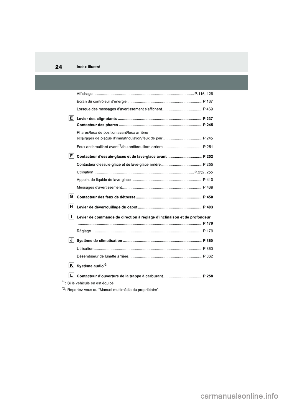 TOYOTA RAV4 2023  Manuel du propriétaire (in French) 24Index illustré
Affichage ............................................................................................... P.116, 126
Ecran du contrôleur d’énergie ...............................