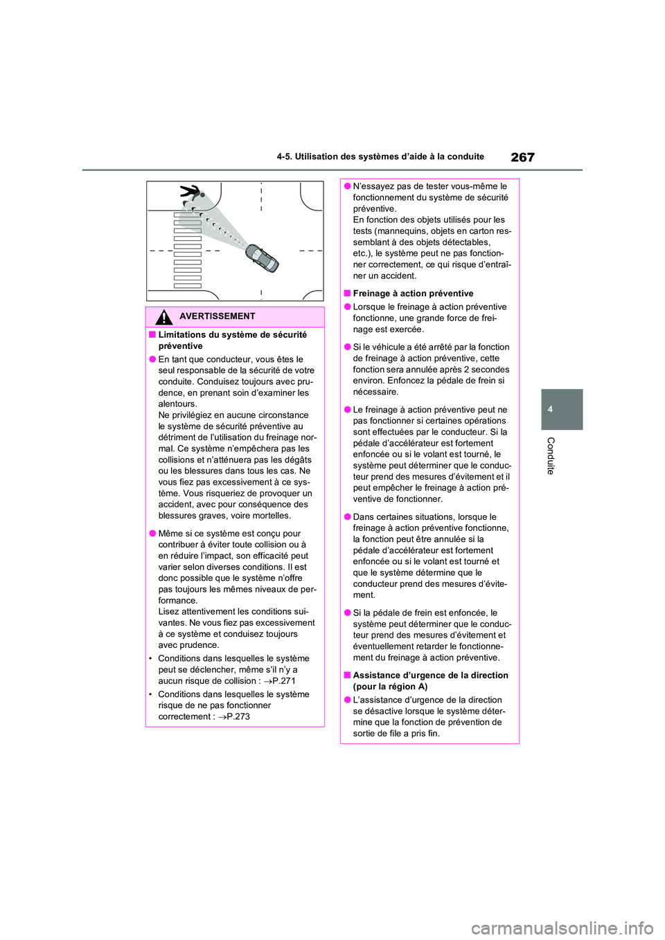 TOYOTA RAV4 2023 Manuel du propriétaire (in French) 267
4
4-5. Utilisation des systèmes d’aide à la conduite
Conduite
AVERTISSEMENT
■Limitations du système de sécurité
préventive
●En tant que conducteur, vous êtes le seul responsable d TOYOTA RAV4 2023 Manuel du propriétaire (in French) 267
4
4-5. Utilisation des systèmes d’aide à la conduite
Conduite
AVERTISSEMENT
■Limitations du système de sécurité
préventive
●En tant que conducteur, vous êtes le seul responsable d