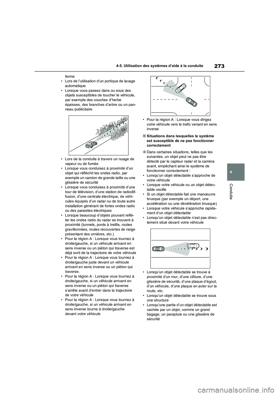 TOYOTA RAV4 2023 Manuel du propriétaire (in French) 273
4 4-5. Utilisation des systèmes d’aide à la conduite
Conduite
ferme
• Lors de l’utilisation d’un portique de lavage
automatique
• Lorsque vous passez dans ou sous des
objets suscepti TOYOTA RAV4 2023 Manuel du propriétaire (in French) 273
4 4-5. Utilisation des systèmes d’aide à la conduite
Conduite
ferme
• Lors de l’utilisation d’un portique de lavage
automatique
• Lorsque vous passez dans ou sous des
objets suscepti