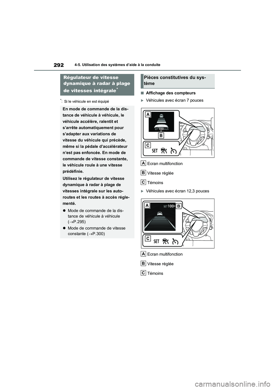 TOYOTA RAV4 2023 Manuel du propriétaire (in French) 2924-5. Utilisation des systèmes d’aide à la conduite
*: Si le véhicule en est équipé
■Affichage des compteurs
Véhicules avec écran 7 pouces
Ecran multifonction
Vitesse réglée
Témoins TOYOTA RAV4 2023 Manuel du propriétaire (in French) 2924-5. Utilisation des systèmes d’aide à la conduite
*: Si le véhicule en est équipé
■Affichage des compteurs
Véhicules avec écran 7 pouces
Ecran multifonction
Vitesse réglée
Témoins
