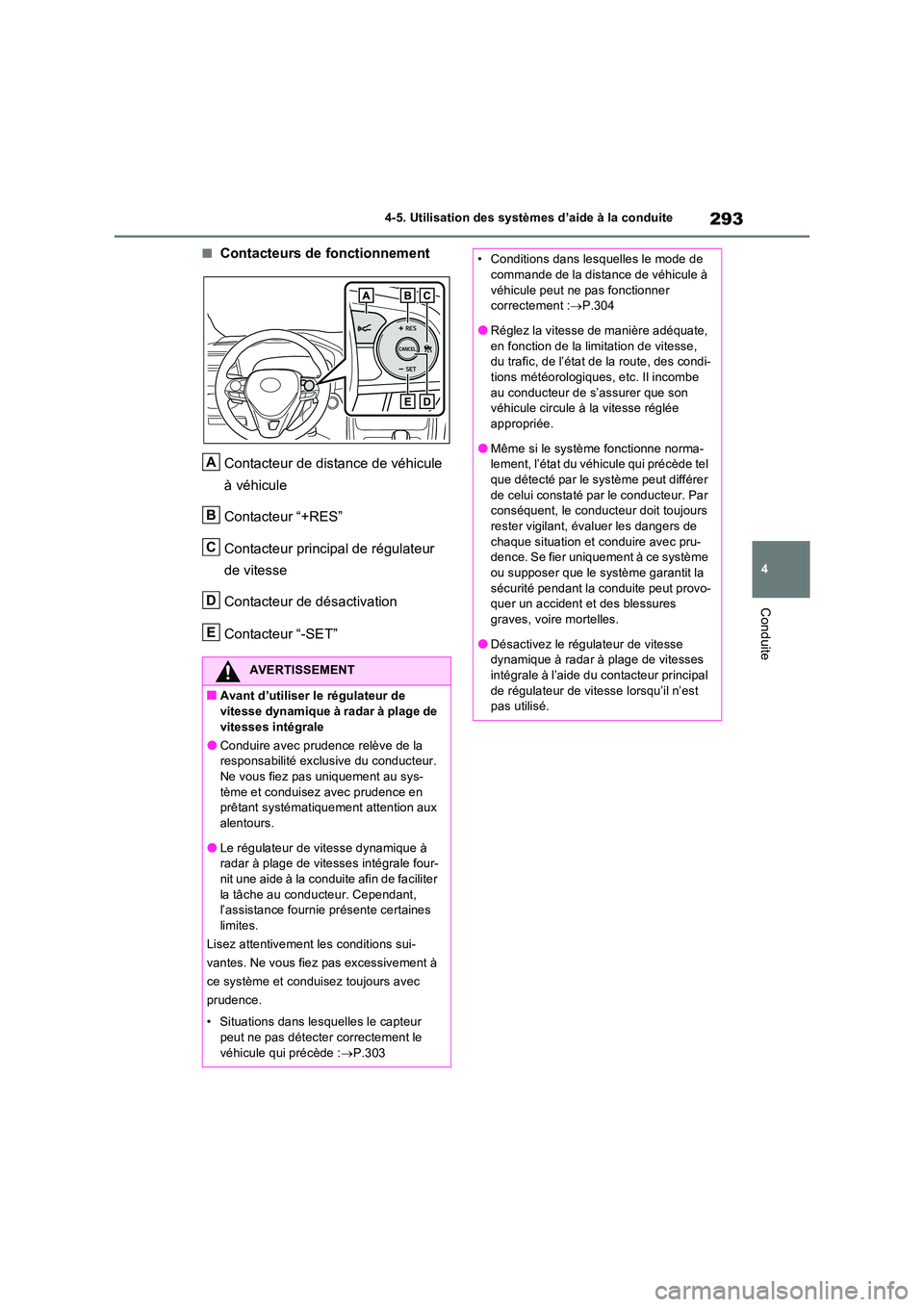 TOYOTA RAV4 2023 Manuel du propriétaire (in French) 293
4
4-5. Utilisation des systèmes d’aide à la conduite
Conduite
■Contacteurs de fonctionnement
Contacteur de distance de véhicule
à véhicule
Contacteur “+RES”
Contacteur principal TOYOTA RAV4 2023 Manuel du propriétaire (in French) 293
4
4-5. Utilisation des systèmes d’aide à la conduite
Conduite
■Contacteurs de fonctionnement
Contacteur de distance de véhicule
à véhicule
Contacteur “+RES”
Contacteur principal