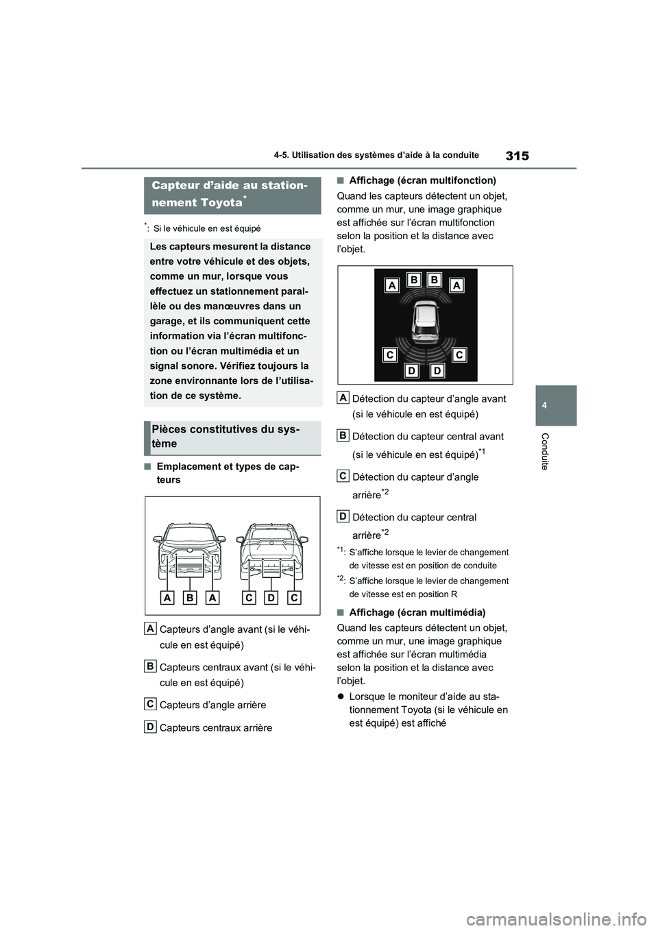 TOYOTA RAV4 2023 Manuel du propriétaire (in French) 315
4 4-5. Utilisation des systèmes d’aide à la conduite
Conduite
*: Si le véhicule en est équipé
■Emplacement et types de cap-
teurs
Capteurs d’angle avant (si le véhi-
cule en est équip TOYOTA RAV4 2023 Manuel du propriétaire (in French) 315
4 4-5. Utilisation des systèmes d’aide à la conduite
Conduite
*: Si le véhicule en est équipé
■Emplacement et types de cap-
teurs
Capteurs d’angle avant (si le véhi-
cule en est équip