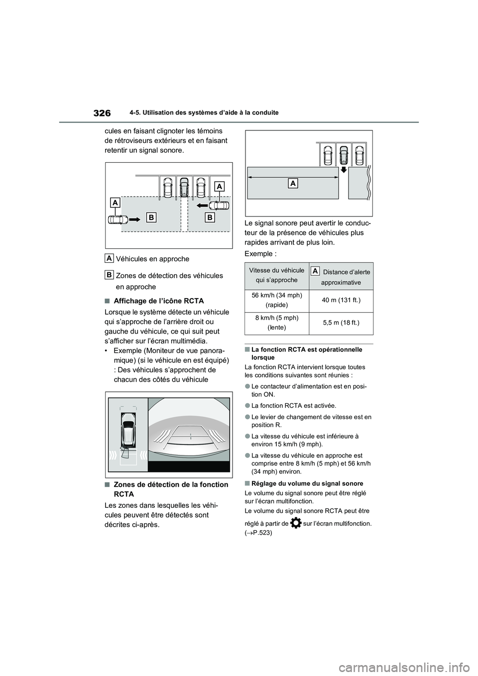 TOYOTA RAV4 2023 Manuel du propriétaire (in French) 3264-5. Utilisation des systèmes d’aide à la conduite
cules en faisant clignoter les témoins
de rétroviseurs extérieurs et en faisant
retentir un signal sonore.
Véhicules en approche
Zones d TOYOTA RAV4 2023 Manuel du propriétaire (in French) 3264-5. Utilisation des systèmes d’aide à la conduite
cules en faisant clignoter les témoins
de rétroviseurs extérieurs et en faisant
retentir un signal sonore.
Véhicules en approche
Zones d