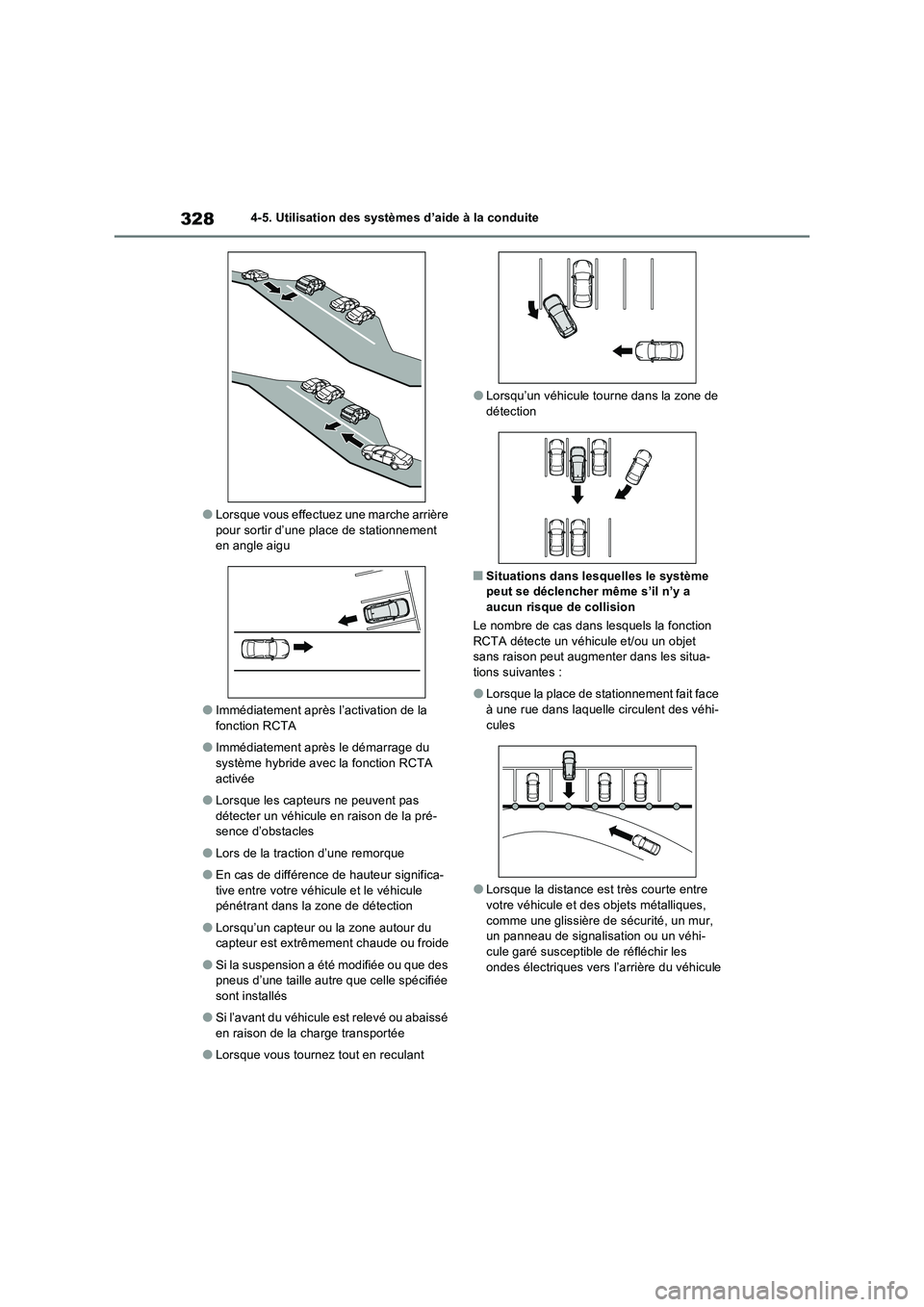 TOYOTA RAV4 2023 Manuel du propriétaire (in French) 3284-5. Utilisation des systèmes d’aide à la conduite
●Lorsque vous effectuez une marche arrière
pour sortir d’une place de stationnement
en angle aigu
●Immédiatement après l’activati TOYOTA RAV4 2023 Manuel du propriétaire (in French) 3284-5. Utilisation des systèmes d’aide à la conduite
●Lorsque vous effectuez une marche arrière
pour sortir d’une place de stationnement
en angle aigu
●Immédiatement après l’activati