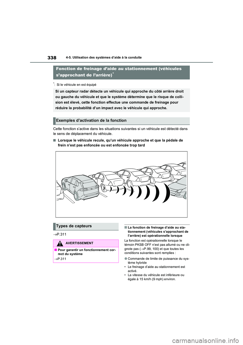 TOYOTA RAV4 2023 Manuel du propriétaire (in French) 3384-5. Utilisation des systèmes d’aide à la conduite
*: Si le véhicule en est équipé
Cette fonction s’active dans les situations suivantes si un véhicule est détecté dans
le sens de dé TOYOTA RAV4 2023 Manuel du propriétaire (in French) 3384-5. Utilisation des systèmes d’aide à la conduite
*: Si le véhicule en est équipé
Cette fonction s’active dans les situations suivantes si un véhicule est détecté dans
le sens de dé
