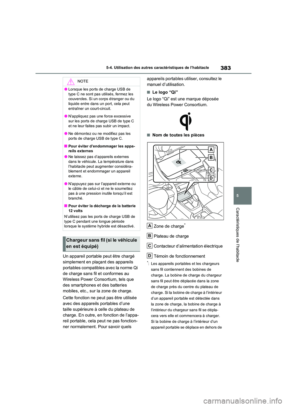 TOYOTA RAV4 2023 Manuel du propriétaire (in French) 383
5
5-4. Utilisation des autres caractéristiques de l’habitacle
Caractéristiques de l’habitacle
Un appareil portable peut être chargé
simplement en plaçant des appareils
portables compa TOYOTA RAV4 2023 Manuel du propriétaire (in French) 383
5
5-4. Utilisation des autres caractéristiques de l’habitacle
Caractéristiques de l’habitacle
Un appareil portable peut être chargé
simplement en plaçant des appareils
portables compa