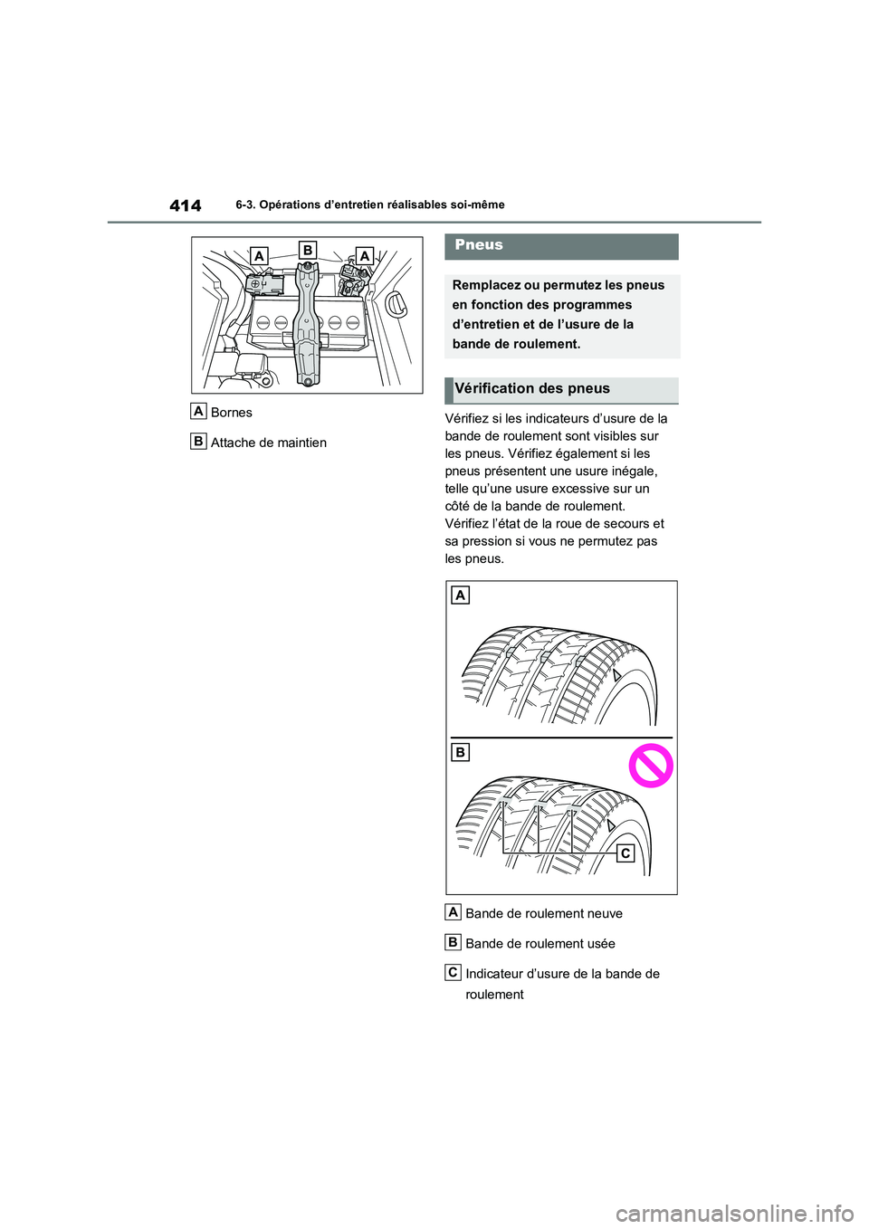 TOYOTA RAV4 2023 Manuel du propriétaire (in French) 4146-3. Opérations d’entretien réalisables soi-même
Bornes
Attache de maintienVérifiez si les indicateurs d’usure de la
bande de roulement sont visibles sur
les pneus. Vérifiez également s TOYOTA RAV4 2023 Manuel du propriétaire (in French) 4146-3. Opérations d’entretien réalisables soi-même
Bornes
Attache de maintienVérifiez si les indicateurs d’usure de la
bande de roulement sont visibles sur
les pneus. Vérifiez également s