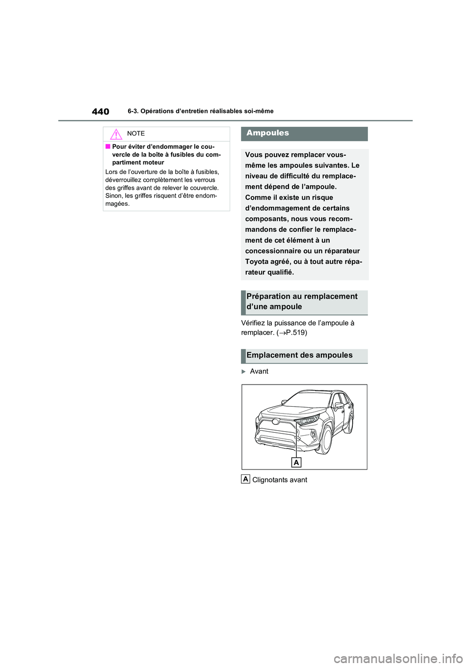 TOYOTA RAV4 2023 Manuel du propriétaire (in French) 4406-3. Opérations d’entretien réalisables soi-même
Vérifiez la puissance de l’ampoule à
remplacer. ( P.519)
Avant
Clignotants avant
NOTE
■Pour éviter d’endommager le cou-
verc TOYOTA RAV4 2023 Manuel du propriétaire (in French) 4406-3. Opérations d’entretien réalisables soi-même
Vérifiez la puissance de l’ampoule à
remplacer. ( P.519)
Avant
Clignotants avant
NOTE
■Pour éviter d’endommager le cou-
verc