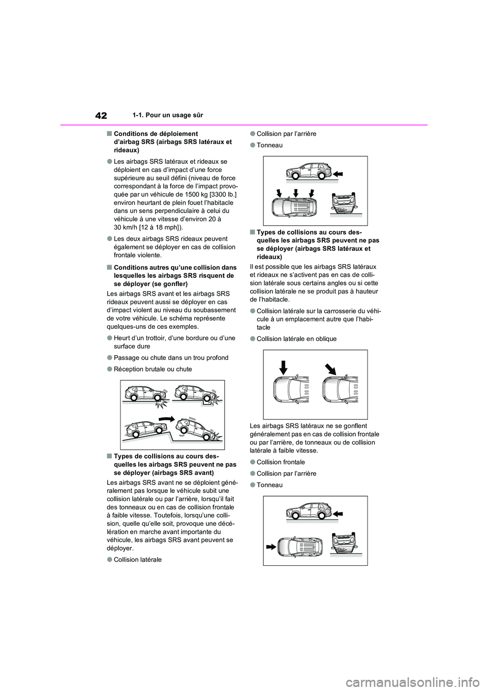 TOYOTA RAV4 2023 Manuel du propriétaire (in French) 421-1. Pour un usage sûr
■Conditions de déploiement d’airbag SRS (airbags SRS latéraux et rideaux)
●Les airbags SRS latéraux et rideaux se déploient en cas d’impact d’une force
supé TOYOTA RAV4 2023 Manuel du propriétaire (in French) 421-1. Pour un usage sûr
■Conditions de déploiement d’airbag SRS (airbags SRS latéraux et rideaux)
●Les airbags SRS latéraux et rideaux se déploient en cas d’impact d’une force
supé