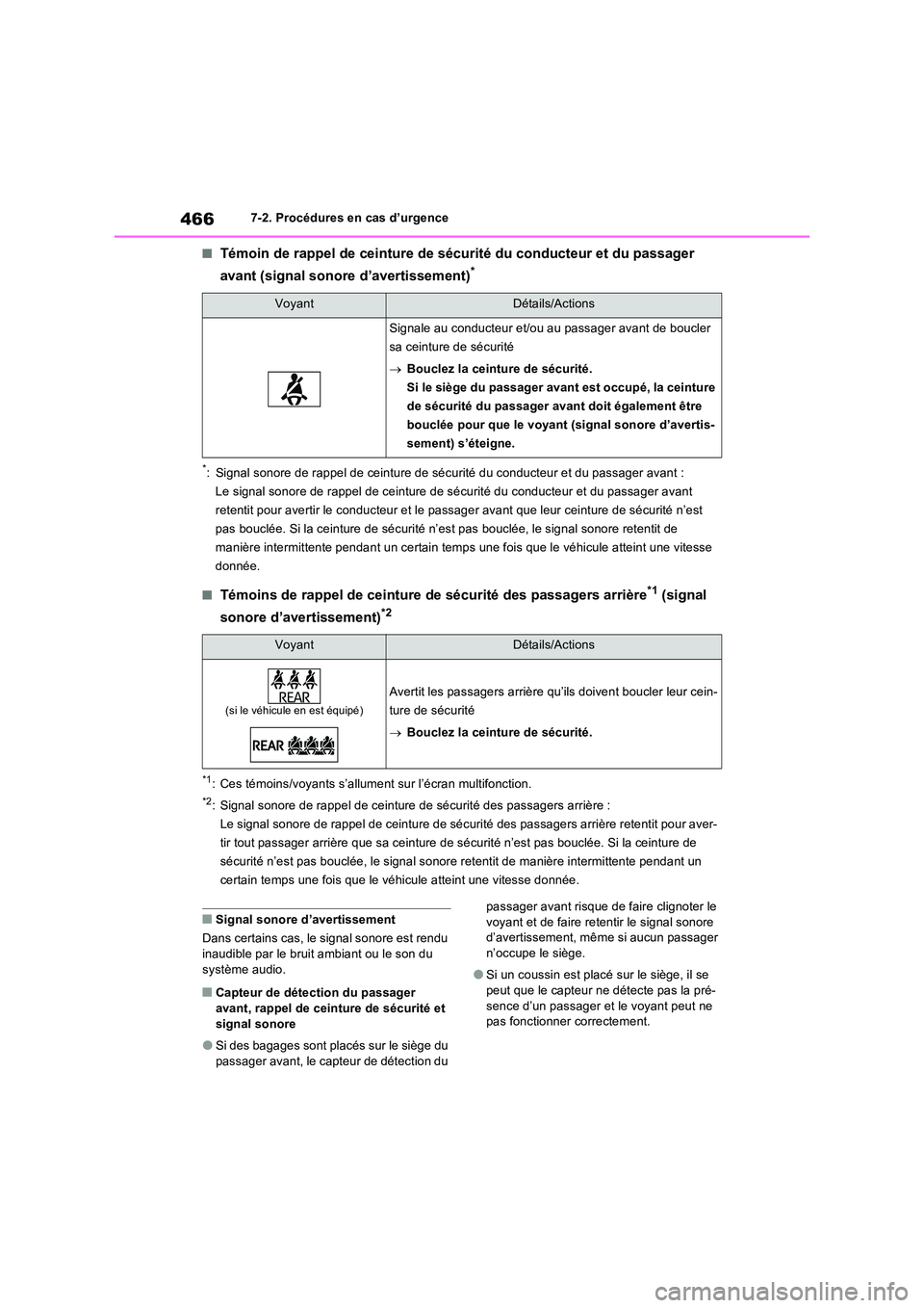 TOYOTA RAV4 2023 Manuel du propriétaire (in French) 4667-2. Procédures en cas d’urgence
■Témoin de rappel de ceinture de sécurité du conducteur et du passager
avant (signal sonore d’avertissement)*
*: Signal sonore de rappel de ceinture de TOYOTA RAV4 2023 Manuel du propriétaire (in French) 4667-2. Procédures en cas d’urgence
■Témoin de rappel de ceinture de sécurité du conducteur et du passager
avant (signal sonore d’avertissement)*
*: Signal sonore de rappel de ceinture de