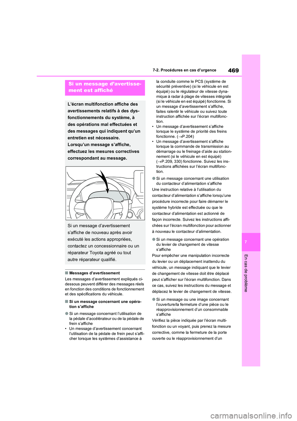 TOYOTA RAV4 2023  Manuel du propriétaire (in French) 469
7 
7-2. Procédures en cas d’urgence
En cas de problème
■Messages d’avertissement 
Les messages d’avertissement expliqués ci- 
dessous peuvent différer des messages réels  en fonction 