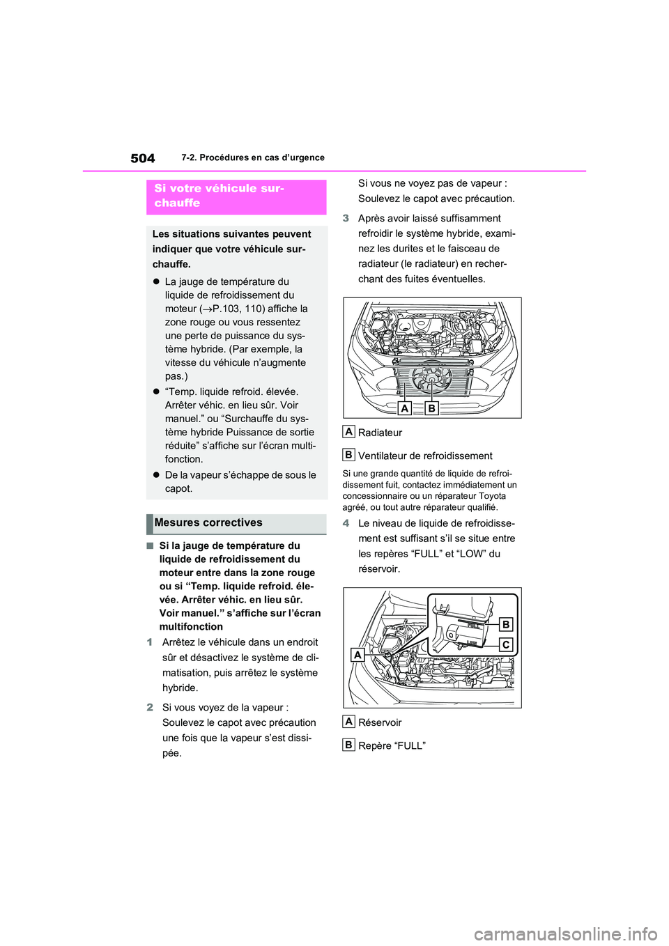 TOYOTA RAV4 2023 Manuel du propriétaire (in French) 5047-2. Procédures en cas d’urgence
■Si la jauge de température du
liquide de refroidissement du
moteur entre dans la zone rouge
ou si “Temp. liquide refroid. éle-
vée. Arrêter véhic. TOYOTA RAV4 2023 Manuel du propriétaire (in French) 5047-2. Procédures en cas d’urgence
■Si la jauge de température du
liquide de refroidissement du
moteur entre dans la zone rouge
ou si “Temp. liquide refroid. éle-
vée. Arrêter véhic.