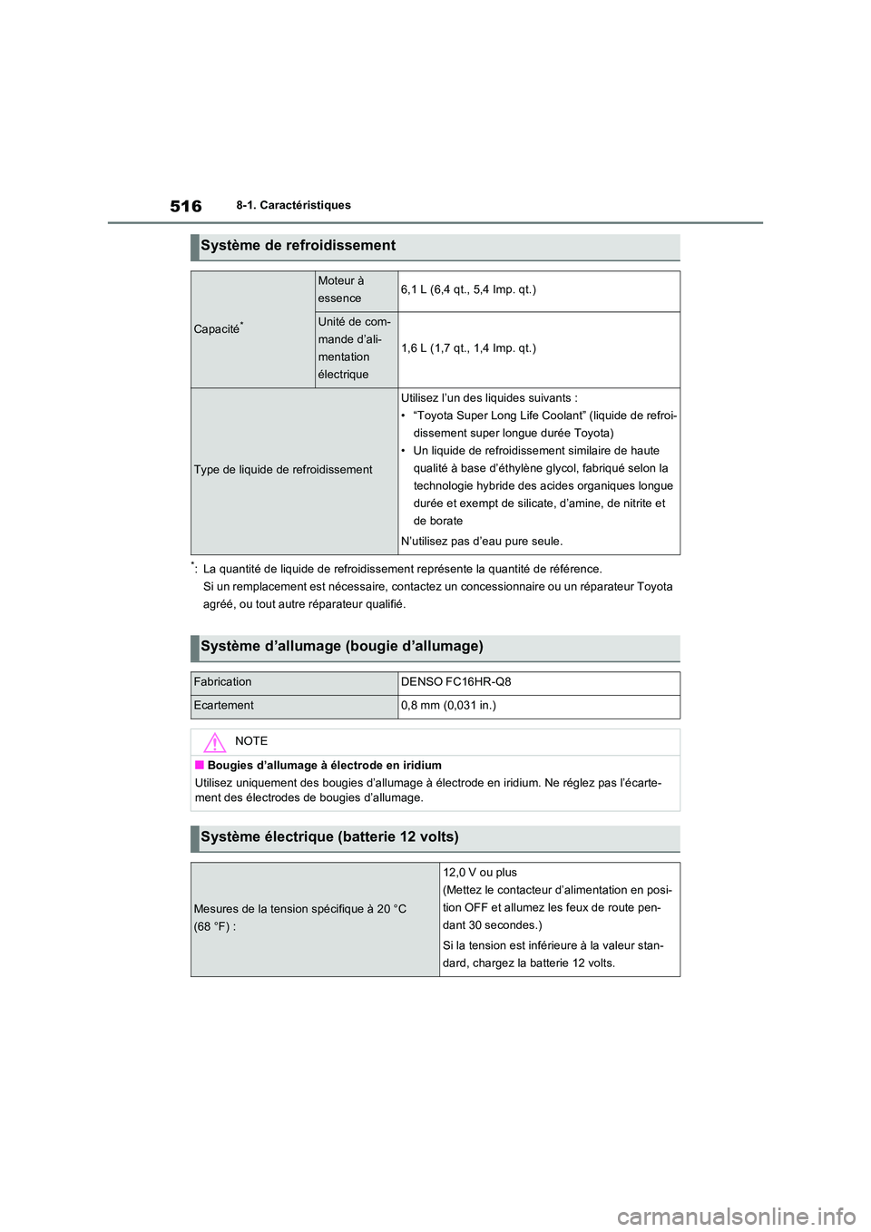 TOYOTA RAV4 2023  Manuel du propriétaire (in French) 5168-1. Caractéristiques
*: La quantité de liquide de refroidissement représente la quantité de référence. 
Si un remplacement est nécessaire, contacte z un concessionnaire ou un réparateur To