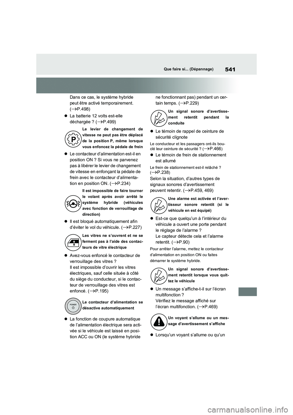 TOYOTA RAV4 2023 Manuel du propriétaire (in French) 541Que faire si... (Dépannage)
Dans ce cas, le système hybride
peut être activé temporairement.
(P.498)
La batterie 12 volts est-elle
déchargée ? (P.499)
Le contacteur d’a TOYOTA RAV4 2023 Manuel du propriétaire (in French) 541Que faire si... (Dépannage)
Dans ce cas, le système hybride
peut être activé temporairement.
(P.498)
La batterie 12 volts est-elle
déchargée ? (P.499)
Le contacteur d’a