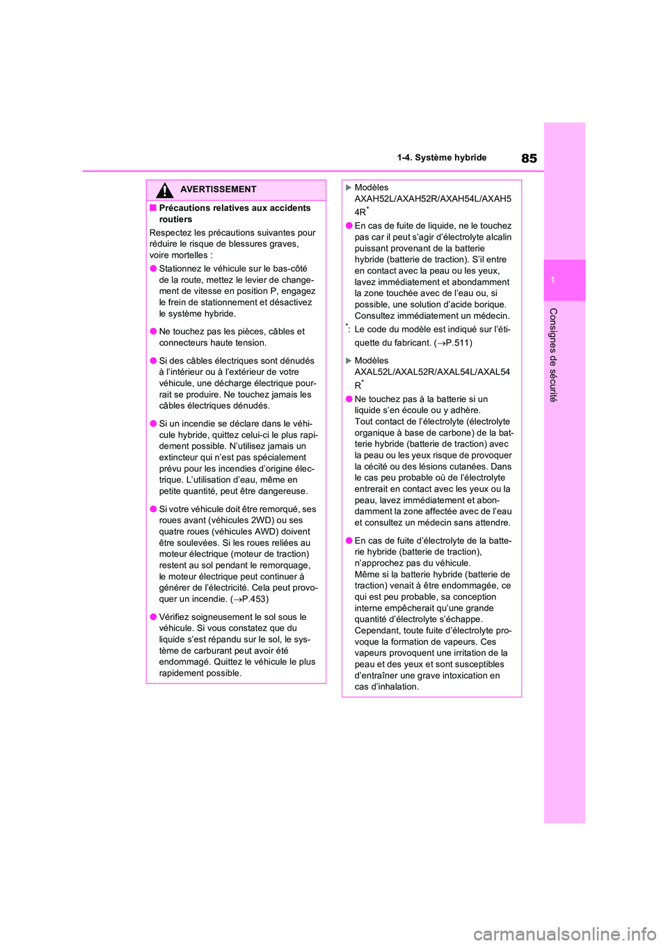 TOYOTA RAV4 2023 Manuel du propriétaire (in French) 85
1
1-4. Système hybride
Consignes de sécurité
AVERTISSEMENT
■Précautions relatives aux accidents
routiers
Respectez les précaut ions suivantes pour réduire le risque de blessures graves TOYOTA RAV4 2023 Manuel du propriétaire (in French) 85
1
1-4. Système hybride
Consignes de sécurité
AVERTISSEMENT
■Précautions relatives aux accidents
routiers
Respectez les précaut ions suivantes pour réduire le risque de blessures graves