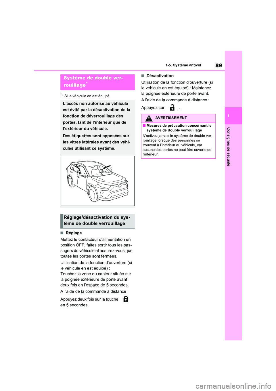 TOYOTA RAV4 2023 Manuel du propriétaire (in French) 89
1
1-5. Système antivol
Consignes de sécurité
*: Si le véhicule en est équipé
■Réglage
Mettez le contacteur d’alimentation en
position OFF, faites sortir tous les pas-
sagers du véhi TOYOTA RAV4 2023 Manuel du propriétaire (in French) 89
1
1-5. Système antivol
Consignes de sécurité
*: Si le véhicule en est équipé
■Réglage
Mettez le contacteur d’alimentation en
position OFF, faites sortir tous les pas-
sagers du véhi