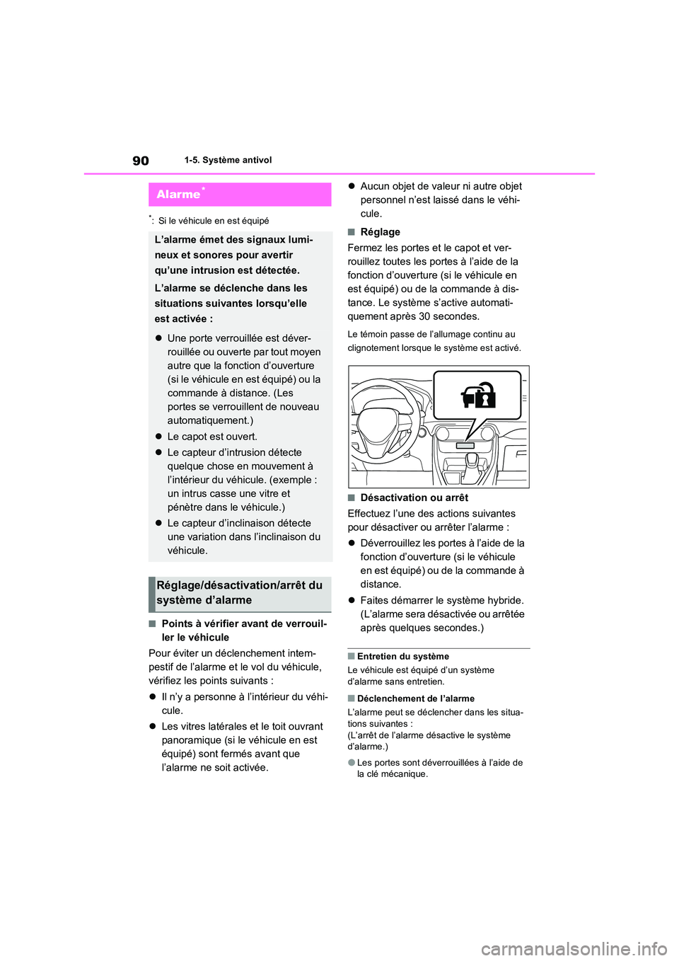 TOYOTA RAV4 2023 Manuel du propriétaire (in French) 901-5. Système antivol
*: Si le véhicule en est équipé
■Points à vérifier avant de verrouil-
ler le véhicule
Pour éviter un déclenchement intem-
pestif de l’alarme et le vol du véhicu TOYOTA RAV4 2023 Manuel du propriétaire (in French) 901-5. Système antivol
*: Si le véhicule en est équipé
■Points à vérifier avant de verrouil-
ler le véhicule
Pour éviter un déclenchement intem-
pestif de l’alarme et le vol du véhicu