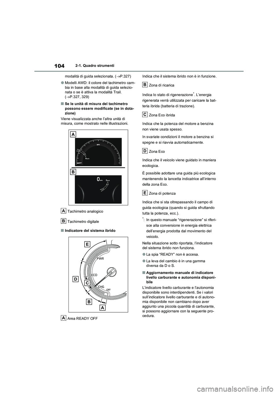 TOYOTA RAV4 2023 Manuale duso (in Italian) 1042-1. Quadro strumenti
modalità di guida selezionata. (P.327)
●Modelli AWD: il colore del tachimetro cam-
bia in base alla modalità di guida selezio-
nata o se è attiva la modalità Trail.
TOYOTA RAV4 2023 Manuale duso (in Italian) 1042-1. Quadro strumenti
modalità di guida selezionata. (P.327)
●Modelli AWD: il colore del tachimetro cam-
bia in base alla modalità di guida selezio-
nata o se è attiva la modalità Trail.