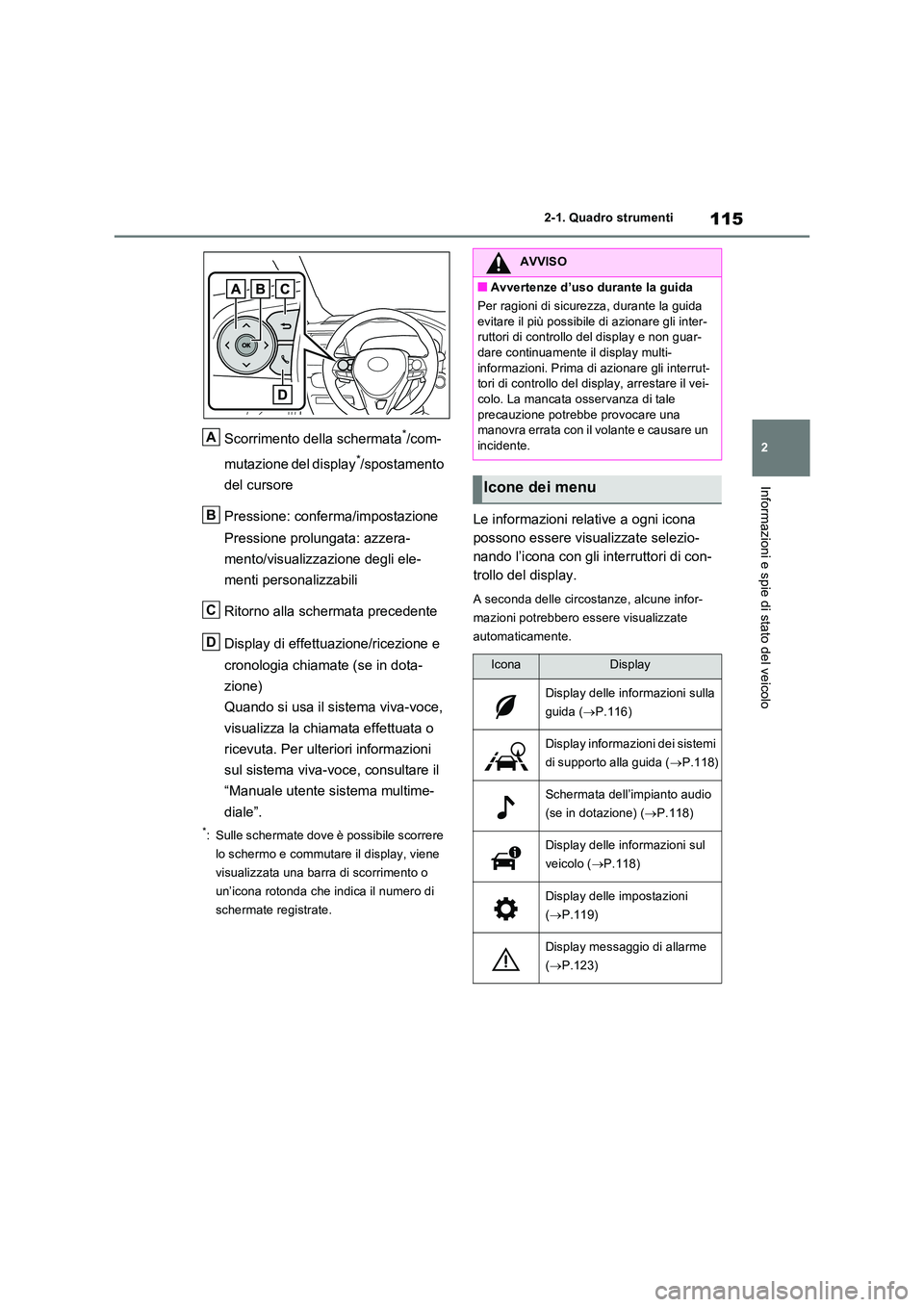 TOYOTA RAV4 2023  Manuale duso (in Italian) 115
2 
2-1. Quadro strumenti
Informazioni e spie di stato del veicolo
Scorrimento della schermata*/com- 
mutazione del display*/spostamento  
del cursore 
Pressione: conferma/impostazione 
Pressione p