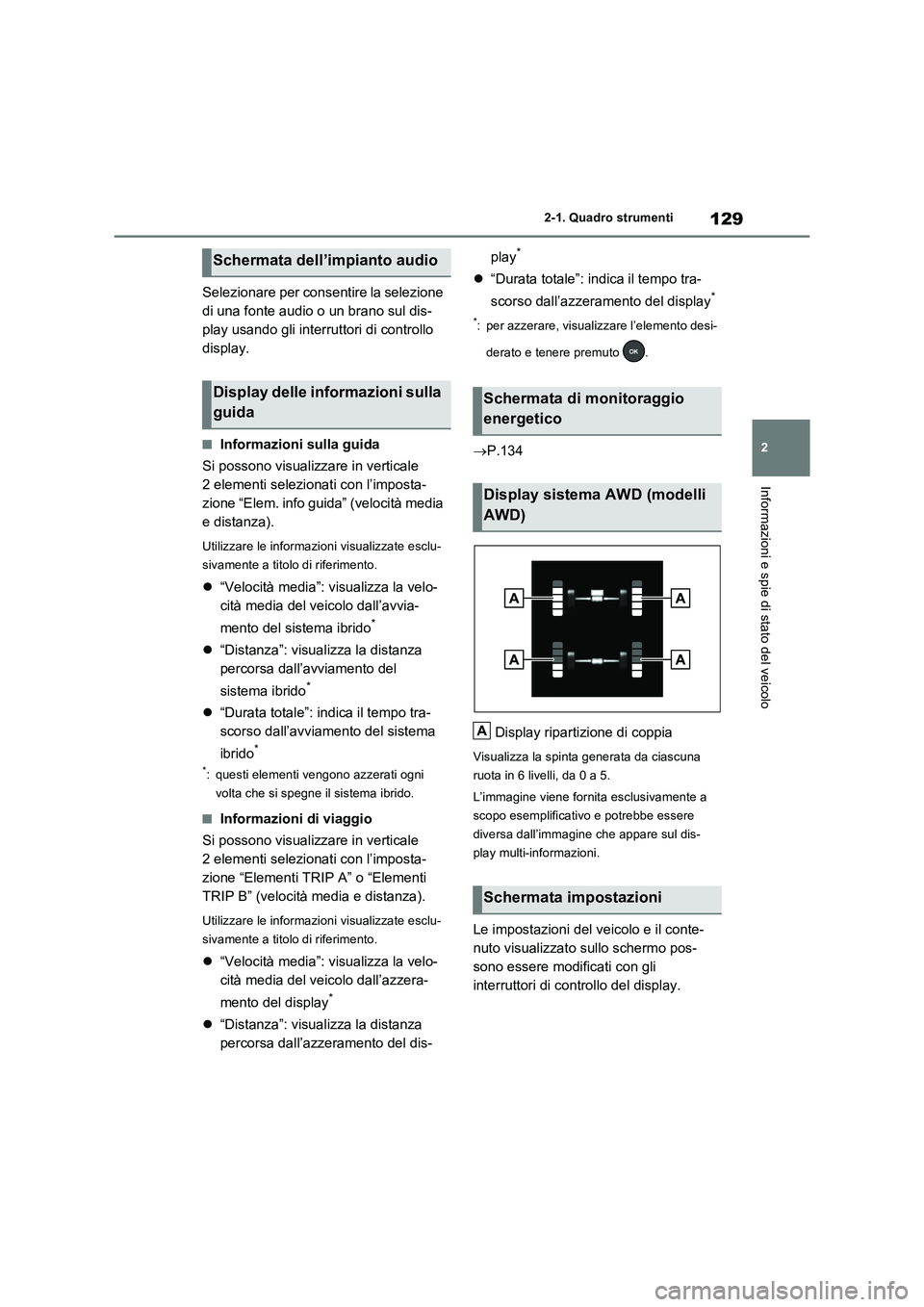 TOYOTA RAV4 2023 Manuale duso (in Italian) 129
2 2-1. Quadro strumenti
Informazioni e spie di stato del veicolo
Selezionare per consentire la selezione
di una fonte audio o un brano sul dis-
play usando gli interruttori di controllo
display. TOYOTA RAV4 2023 Manuale duso (in Italian) 129
2 2-1. Quadro strumenti
Informazioni e spie di stato del veicolo
Selezionare per consentire la selezione
di una fonte audio o un brano sul dis-
play usando gli interruttori di controllo
display.