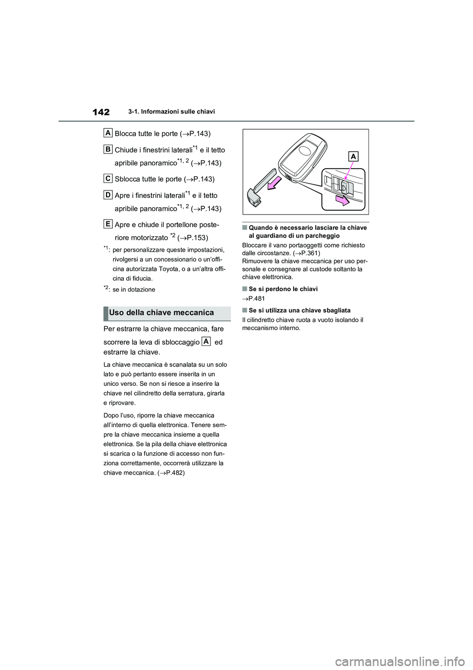 TOYOTA RAV4 2023 Manuale duso (in Italian) 1423-1. Informazioni sulle chiavi
Blocca tutte le porte (P.143)
Chiude i finestrini laterali
*1 e il tetto
apribile panoramico
*1, 2 (P.143)
Sblocca tutte le porte (P.143)
Apre i finestrini TOYOTA RAV4 2023 Manuale duso (in Italian) 1423-1. Informazioni sulle chiavi
Blocca tutte le porte (P.143)
Chiude i finestrini laterali
*1 e il tetto
apribile panoramico
*1, 2 (P.143)
Sblocca tutte le porte (P.143)
Apre i finestrini