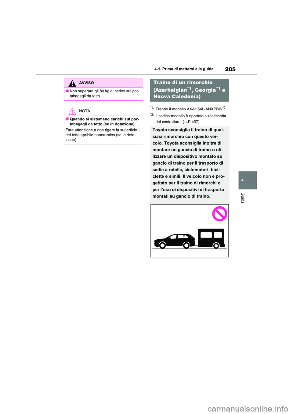 TOYOTA RAV4 2023 Manuale duso (in Italian) 205
4
4-1. Prima di mettersi alla guida
Guida
*1: Tranne il modello AXAH54L-ANXPBW*2
*2: il codice modello è riportato sull’etichetta
del costruttore. ( P.497)
AVVISO
●Non superare gli 80 TOYOTA RAV4 2023 Manuale duso (in Italian) 205
4
4-1. Prima di mettersi alla guida
Guida
*1: Tranne il modello AXAH54L-ANXPBW*2
*2: il codice modello è riportato sull’etichetta
del costruttore. ( P.497)
AVVISO
●Non superare gli 80