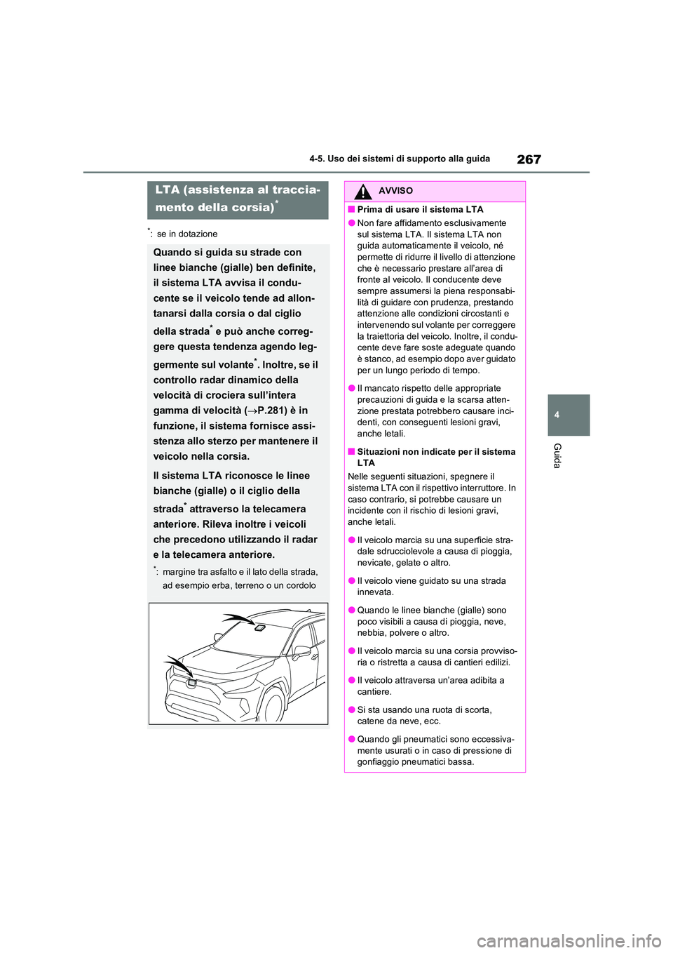 TOYOTA RAV4 2023 Manuale duso (in Italian) 267
4
4-5. Uso dei sistemi di supporto alla guida
Guida
*: se in dotazione
LTA (assistenza al traccia-
mento della corsia)*
Quando si guida su strade con
linee bianche (gialle) ben definite,
il TOYOTA RAV4 2023 Manuale duso (in Italian) 267
4
4-5. Uso dei sistemi di supporto alla guida
Guida
*: se in dotazione
LTA (assistenza al traccia-
mento della corsia)*
Quando si guida su strade con
linee bianche (gialle) ben definite,
il