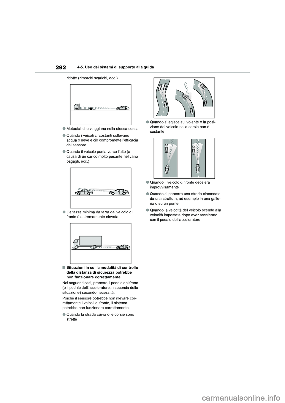 TOYOTA RAV4 2023 Manuale duso (in Italian) 2924-5. Uso dei sistemi di supporto alla guida
ridotte (rimorchi scarichi, ecc.)
●Motocicli che viaggiano nella stessa corsia
●Quando i veicoli circostanti sollevano acqua o neve e ciò comprome TOYOTA RAV4 2023 Manuale duso (in Italian) 2924-5. Uso dei sistemi di supporto alla guida
ridotte (rimorchi scarichi, ecc.)
●Motocicli che viaggiano nella stessa corsia
●Quando i veicoli circostanti sollevano acqua o neve e ciò comprome