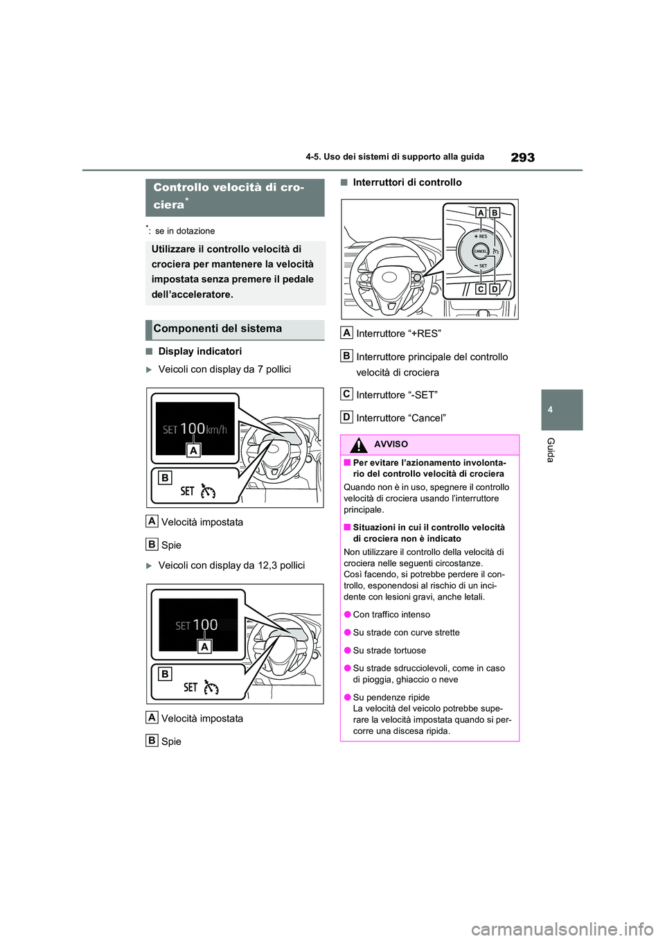 TOYOTA RAV4 2023 Manuale duso (in Italian) 293
4
4-5. Uso dei sistemi di supporto alla guida
Guida
*: se in dotazione
■Display indicatori
Veicoli con display da 7 pollici
Velocità impostata
Spie
Veicoli con display da 12,3 pollici TOYOTA RAV4 2023 Manuale duso (in Italian) 293
4
4-5. Uso dei sistemi di supporto alla guida
Guida
*: se in dotazione
■Display indicatori
Veicoli con display da 7 pollici
Velocità impostata
Spie
Veicoli con display da 12,3 pollici