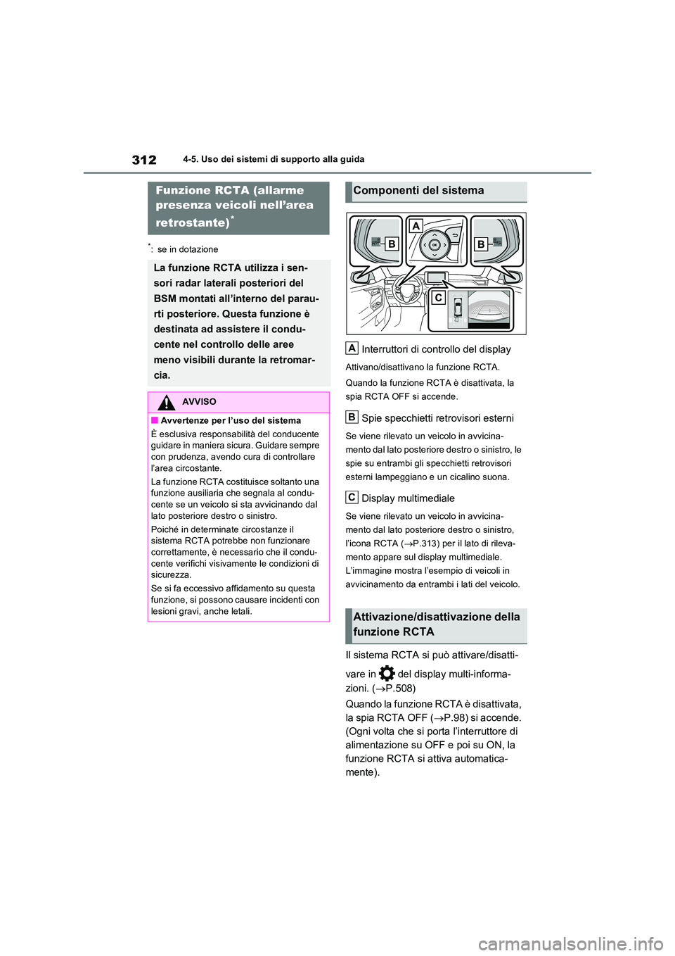 TOYOTA RAV4 2023 Manuale duso (in Italian) 3124-5. Uso dei sistemi di supporto alla guida
*: se in dotazione
Interruttori di controllo del display
Attivano/disattivano la funzione RCTA.
Quando la funzione RCTA è disattivata, la
spia RCTA O TOYOTA RAV4 2023 Manuale duso (in Italian) 3124-5. Uso dei sistemi di supporto alla guida
*: se in dotazione
Interruttori di controllo del display
Attivano/disattivano la funzione RCTA.
Quando la funzione RCTA è disattivata, la
spia RCTA O
