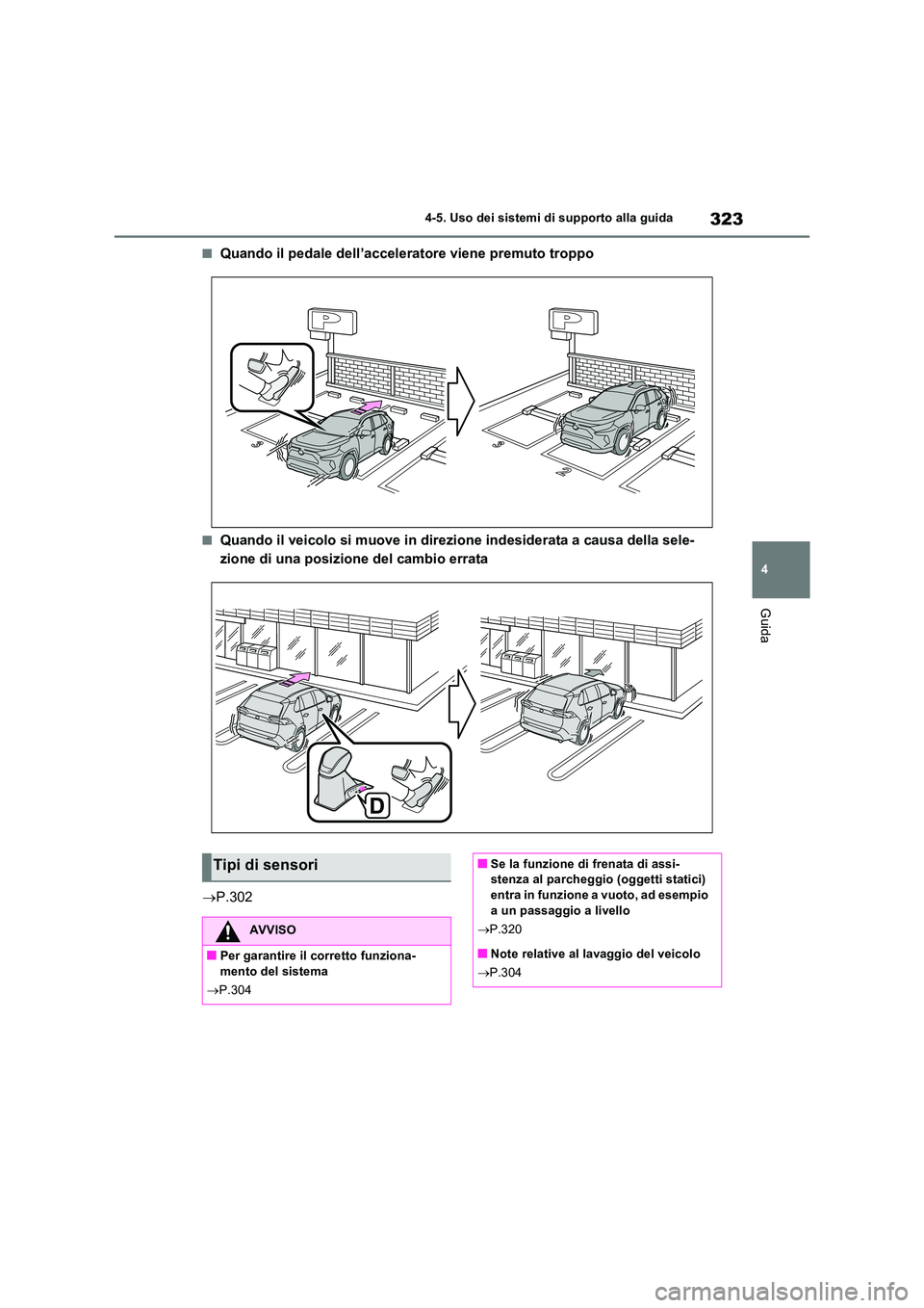TOYOTA RAV4 2023  Manuale duso (in Italian) 323
4 
4-5. Uso dei sistemi di supporto alla guida
Guida
■Quando il pedale dell’acceleratore viene premuto troppo
■Quando il veicolo si muove in direzione indesiderata a causa della sele- 
zione